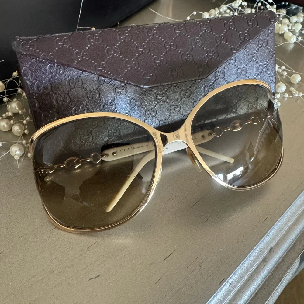Gucci Gold and White Aviator Sunglasses